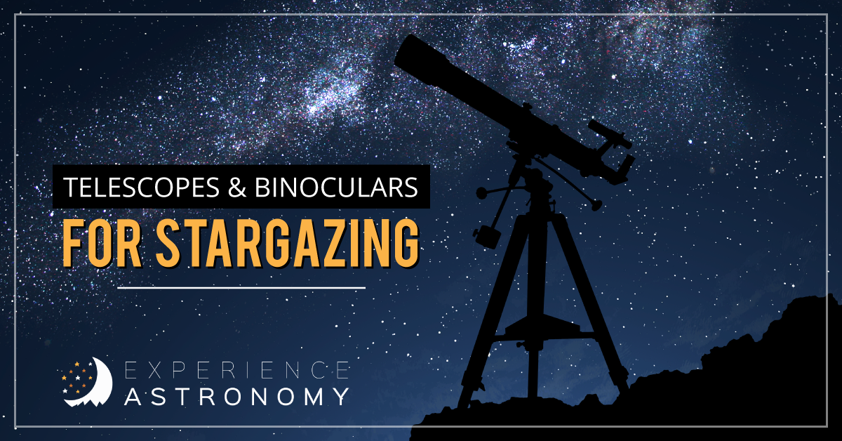 graphic with a telescope in front of a starry sky that says 'telescopes and binoculars for stargazing ' in yellow letters