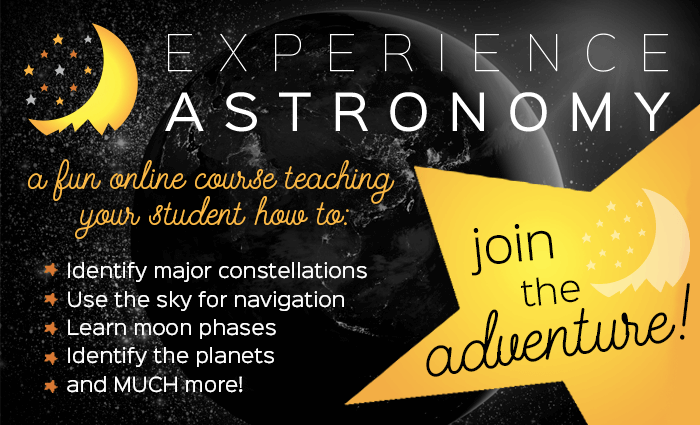 Graphic overlayed on a dark picture of the moon that says 'experience astronomy - join the adventure!'