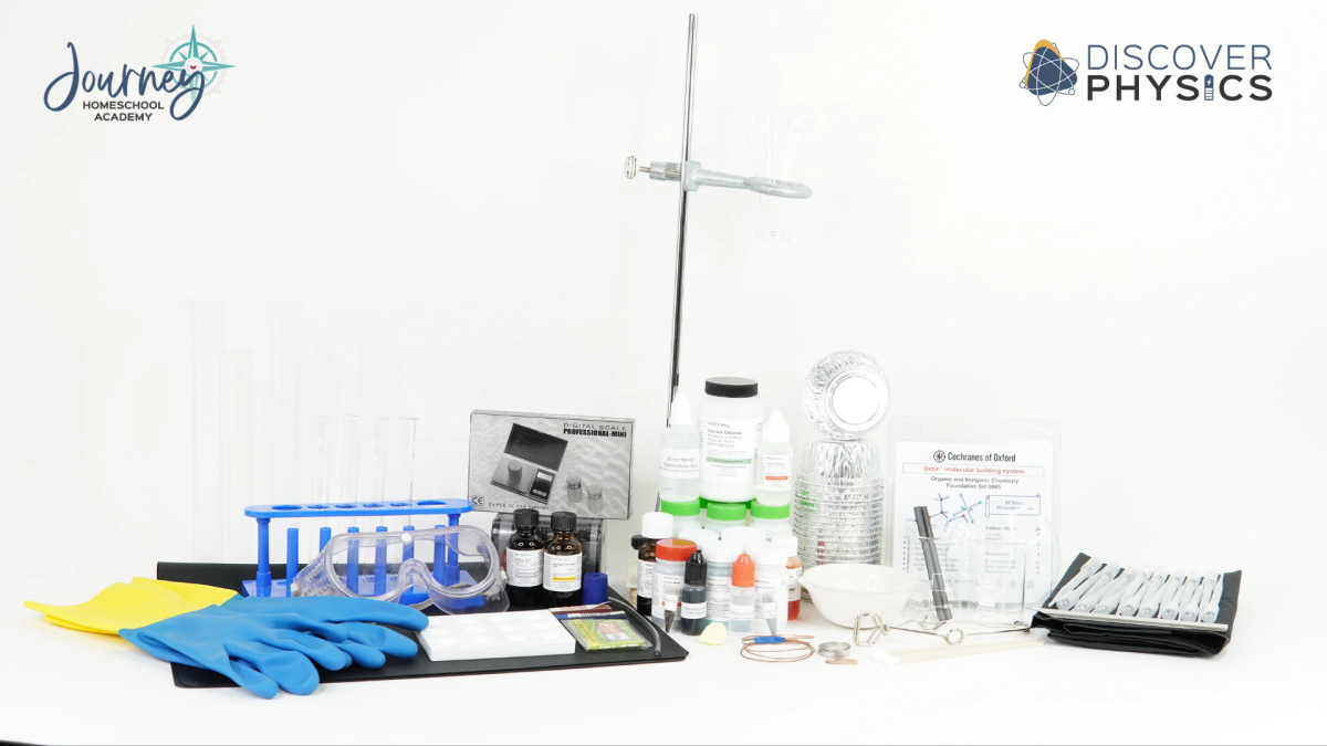 Complete chemistry lab kit with goggles, test tubes, chemicals, and lab equipment for Journey Homeschool Academy’s Christian homeschool chemistry curriculum.