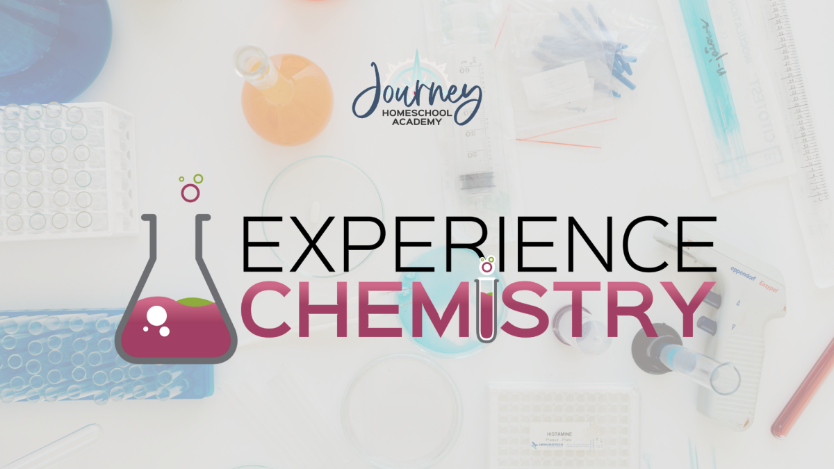 Promotional image for Journey Homeschool Academy’s Experience Chemistry curriculum, featuring colorful beakers and lab tools that highlight engaging homeschool chemistry education for Christian families.