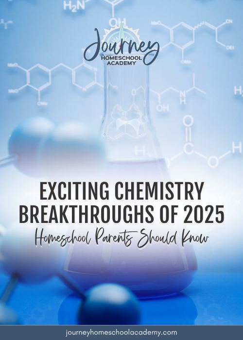 Blue chemistry background with molecular structures and a beaker promoting the article “Exciting Chemistry Breakthroughs of 2025” from Journey Homeschool Academy, inspiring homeschool chemistry learning.