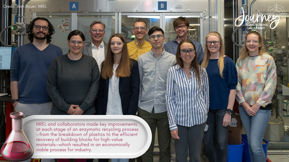 NREL researchers developing enzyme-based biodegradable plastics, showing homeschool chemistry students how real-world science connects with faith through the Experience Chemistry curriculum at Journey Homeschool Academy.