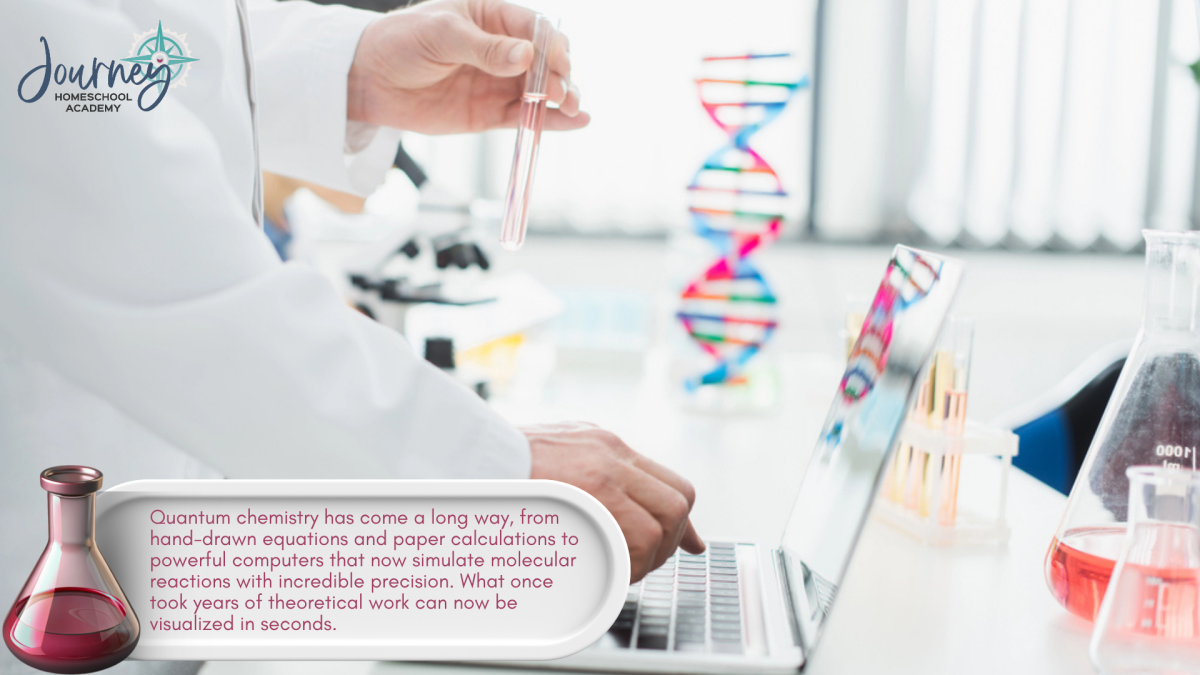 Scientist using a laptop with test tubes and DNA models in the background, representing the evolution of quantum chemistry that homeschool chemistry students can study through Journey Homeschool Academy’s Experience Chemistry curriculum.