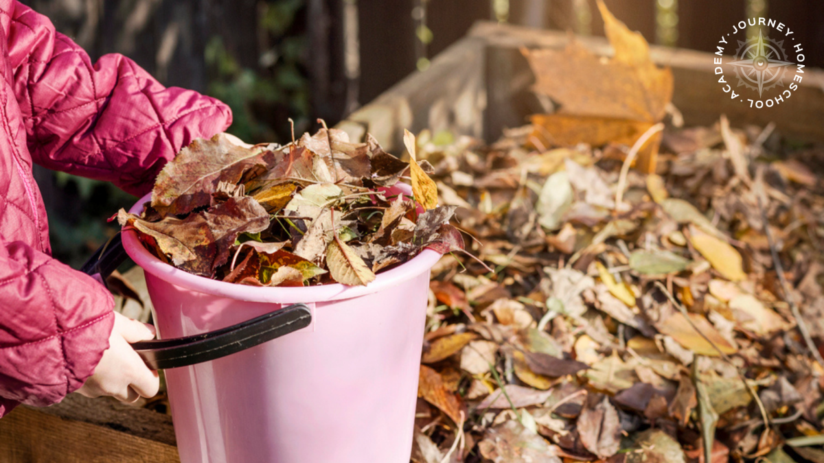 Child collecting dried leaves in a pink bucket while preparing natural materials for a bird nesting homeschool project with Journey Homeschool Academy.