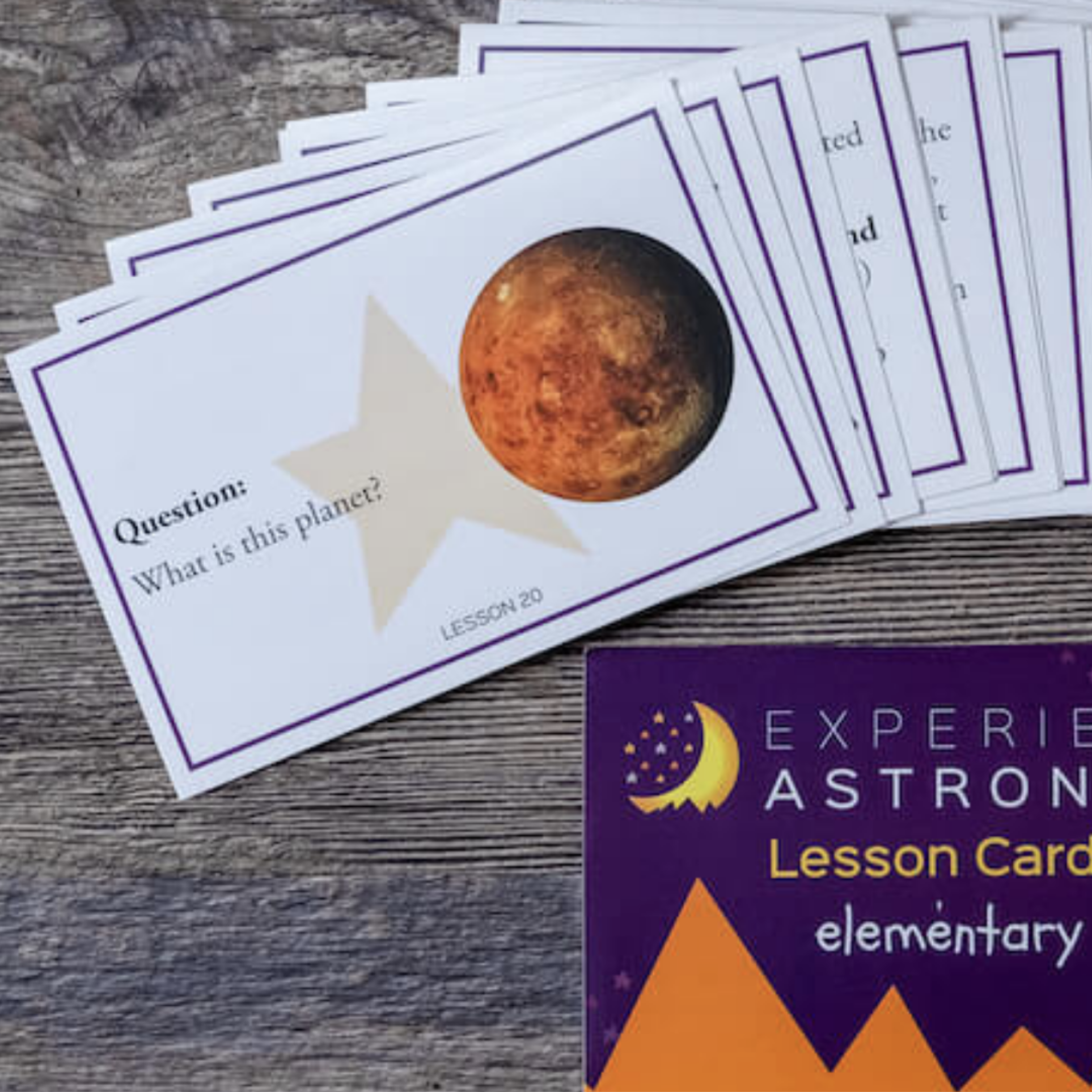 Journey Homeschool Academy Experience Astronomy elementary homeschool lesson cards with planets and questions.